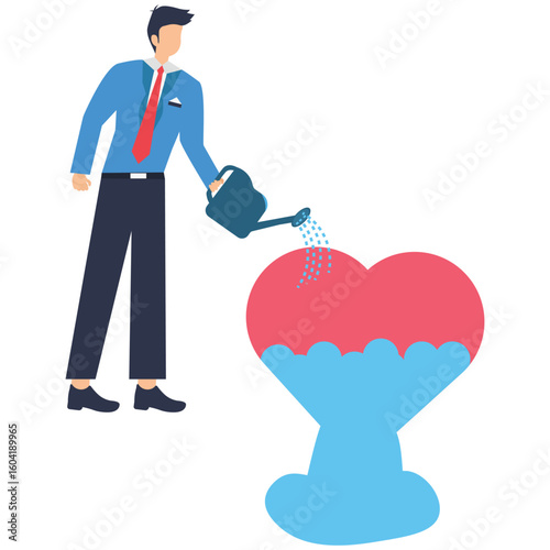 Businessman pouring water to fill heart illustrating work passion and motivation to succeed. Concept of attitude of finding fulfillment in work we love to do, fostering mindset dedicated to success st