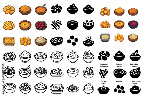 Food and snacks icons set – pixel art, linear, culinary and dining symbols