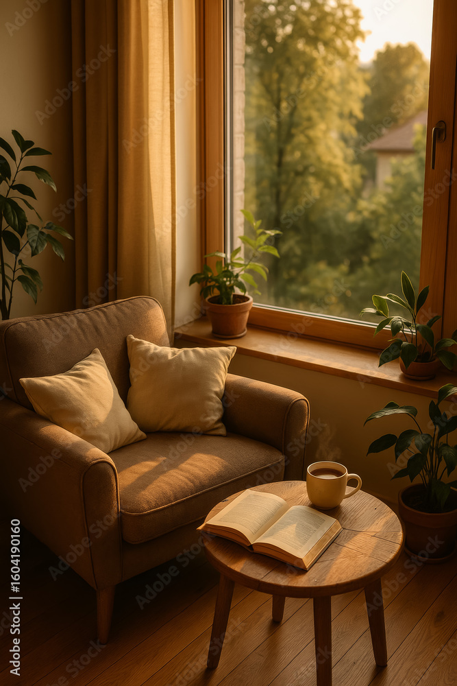 Fototapeta premium Cozy reading nook with coffee and book by the window