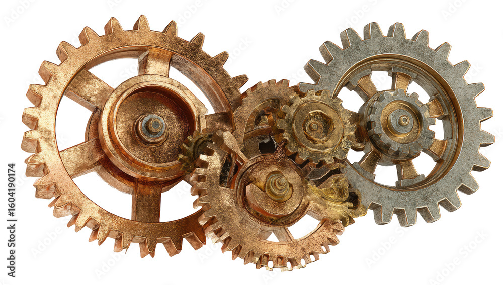 Interlocking gears, various sizes and metal tones, close-up Interlocking gears, various sizes and metal tones, close-up