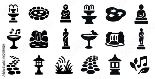 Garden and nature silhouette icons set – zen, outdoor, natural design elements