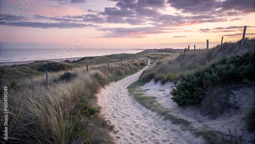 Coastal Trail: A serene coastal trail winds through grassy dunes towards the ocean at twilight, the sky painted with soft hues of pink and purple, inviting a sense of tranquility.