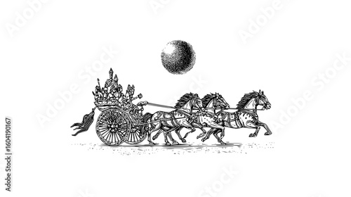 Illustration of a chariot pulled by four horses with people inside and a sphere above them in black and white
