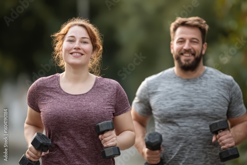 Plus-size athletes doing workout outside