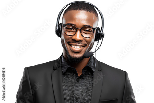 A professional young African American call center agent wearing a black headset and glasses, smiling while looking at the camera, isolated on a Transparent background PNG