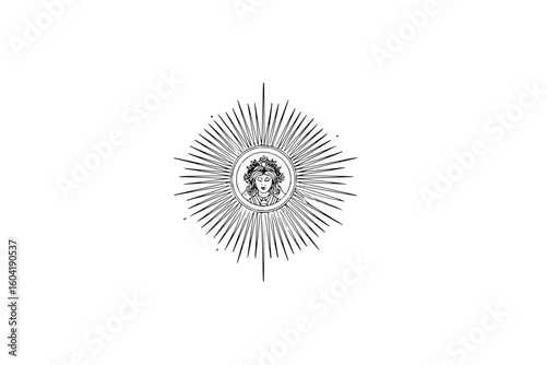 Illustration of a woman with a floral crown inside a circle surrounded by radiating lines in black and white