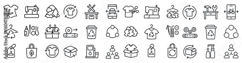 Sustainable fashion outline icons set – eco, recycling, and ethical clothing symbols