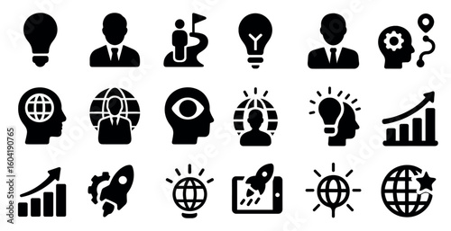 Business strategy solid icons set – filled, outline, innovation and growth symbols