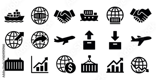 Logistics and supply chain solid icons set – shipping, delivery, global symbols