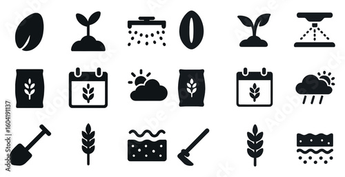 Agriculture and farming icons set – solid, filled, planting and crop symbols
