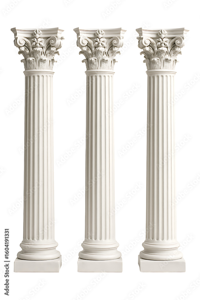 Obraz premium Three white corinthian columns classic architectural design roman greek sculpture element isolated on transparent background