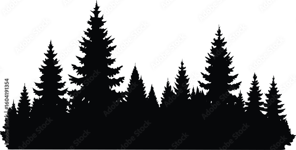 Fototapeta premium Black Silhouette of Evergreen Trees Against White Background Illustrating Coniferous Forest Design Element