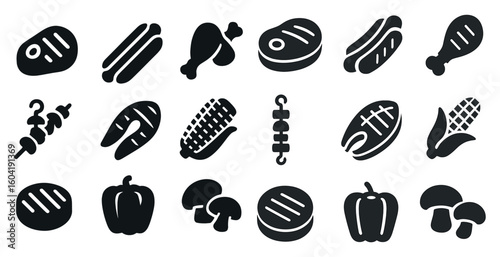 Barbecue and grill silhouette icons set – solid, outline, cookout and picnic symbols