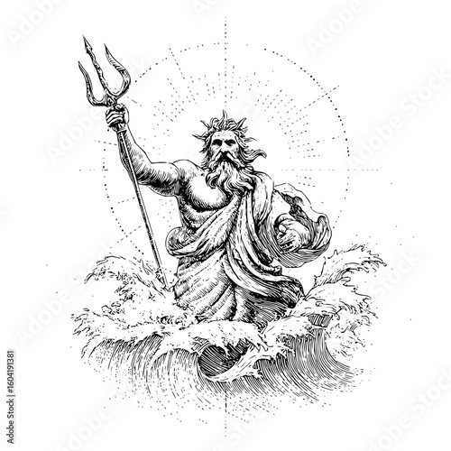 Illustration of poseidon emerging from the ocean waves holding a trident with sunburst background