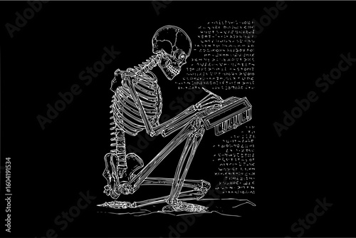Skeleton writing at a desk surrounded by text in white on a black background in a skeletal scene
