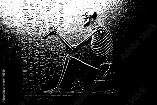 A skeleton sits beside a wall with hieroglyphs in a monochrome illustration with dark shadows