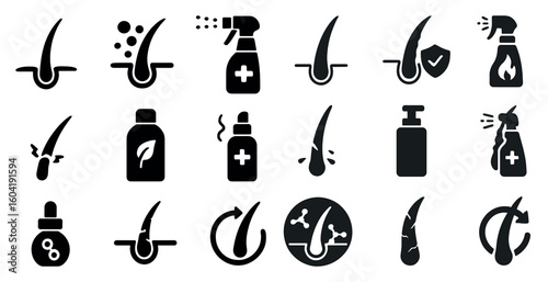 Hair care solid icons set – flat, filled, shampoo and scalp treatment symbols