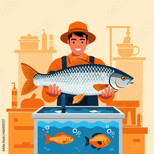 Holding Large Fish Freshly Caught Near Tank with Smaller Fish