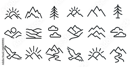 Nature and outdoor line icons set – outline, linear, landscape and adventure symbols