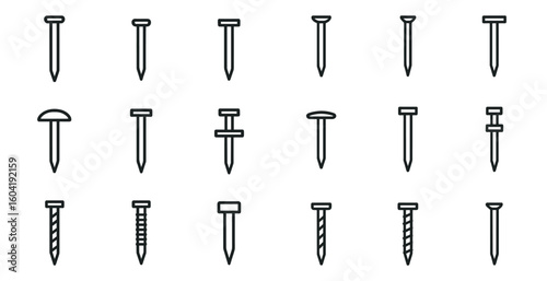 Nail and fastener outline icons set – linear, silhouette, construction symbols