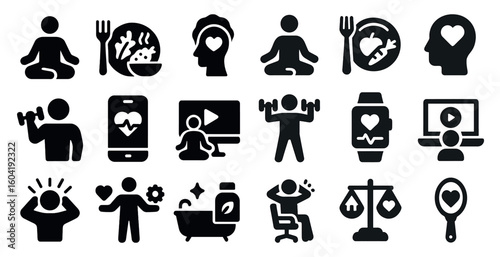 Health and wellness filled icons set – fitness, exercise, lifestyle symbols