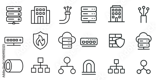 Networking and security icon set – outline, linear, digital communication symbols