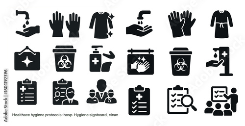 Healthcare hygiene solid icons set – clean, safety, sanitation symbols