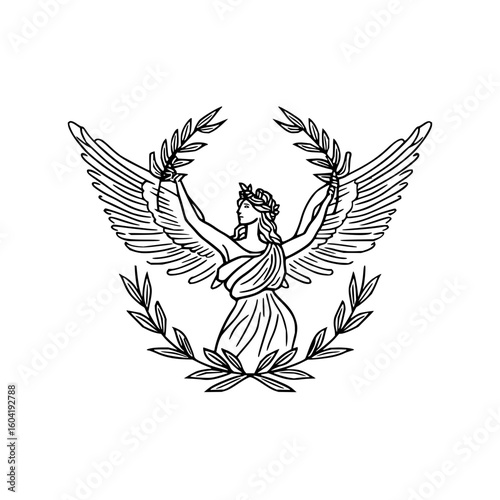 Illustration of a winged woman in a toga holding laurel branches with a laurel wreath at the bottom