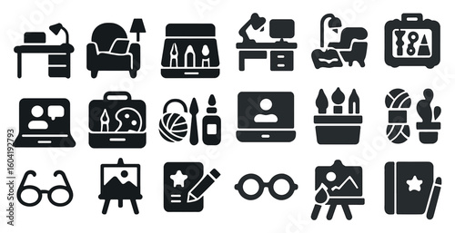 Work from home silhouette icons set – solid, filled, remote office symbols