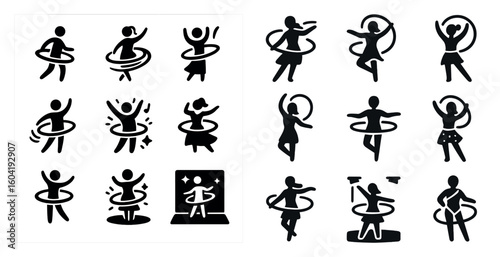 Hula hoop silhouette icons set – dancing, exercise, playful symbols for fitness
