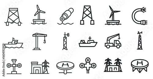 Offshore energy outline icons set – linear, silhouette, marine and oil exploration symbols