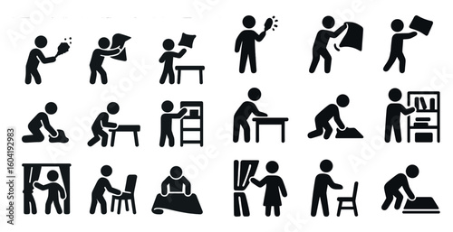 Home activities solid icons set – filled, silhouette, domestic tasks symbols