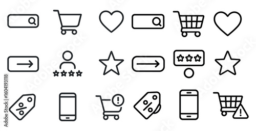 Shopping and ecommerce outline icons set – linear, cart, online buying symbols