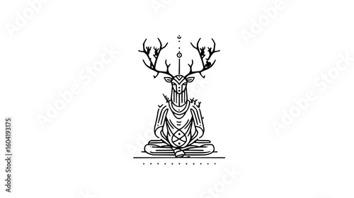 Stylized deer meditating with geometric patterns and lunar symbols in a minimalist design style art