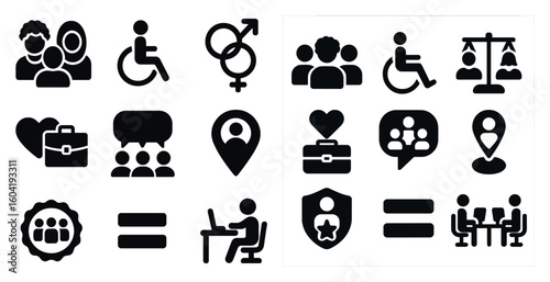 Community and diversity solid icons set – inclusion, equality, social symbols