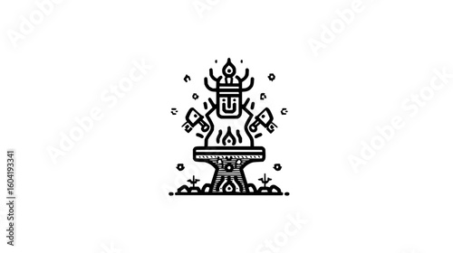 Illustration of a stylized anvil with fire, tools, and a figure above it in black and white style