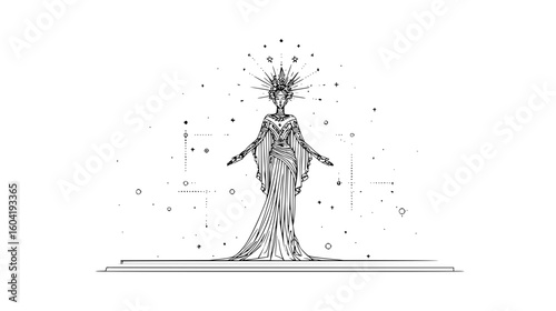 Illustration of a woman with a starburst crown and flowing gown standing on a platform with stars around