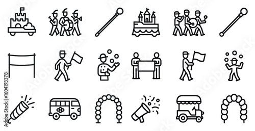 Parade and celebration icons set – outline, linear, festivity and event graphics