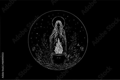 Illustration of a woman with long hair standing behind a cauldron with fire in a starry night scene design