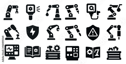 Industrial automation solid icons set – mechanical, robotics, engineering symbols