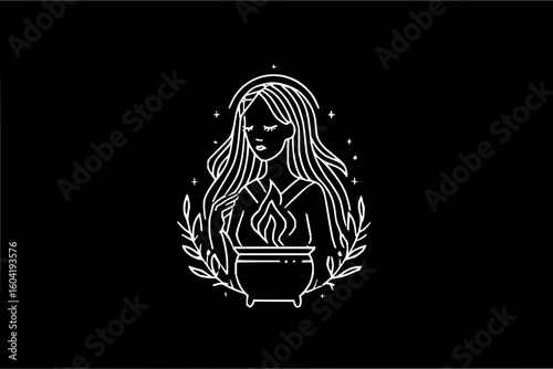 Line art of a witch with long hair standing behind a cauldron with fire surrounded by leaves and stars