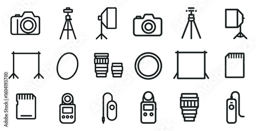 Photography and camera outline icons set – linear, line, equipment symbols