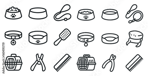 Pet care outline icons set – flat, line, animal grooming and accessories symbols