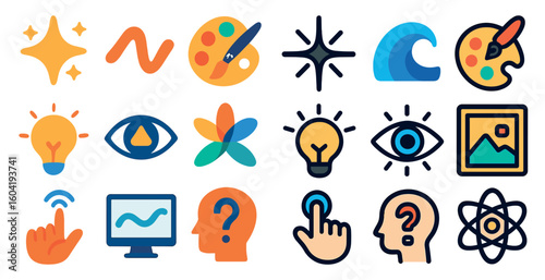 Creative expression outline icons set – artistic, design, creativity symbols