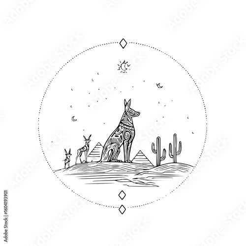 Detailed line art of anubis with pyramids, cacti, and two jackals under a starry sky within a dotted circle