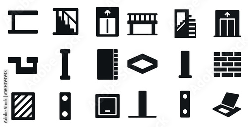 Architecture and construction icons set – silhouette, solid, building and design tools