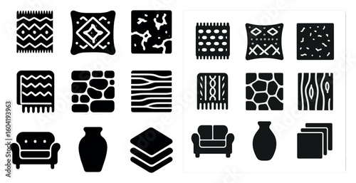 Home decor silhouette icons set – furniture, carpets, interior style symbols