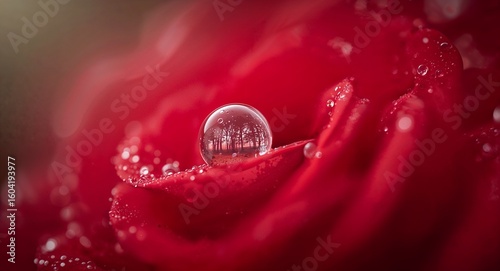 Close up of a red rose petal with a water droplet reflecting trees in a macro photography shot