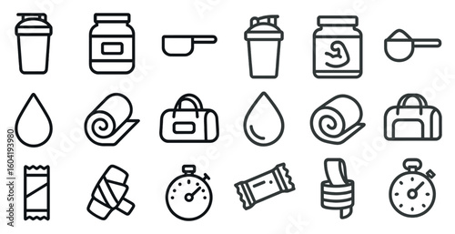 Fitness and gym line icons set – outline, exercises, and workout equipment symbols