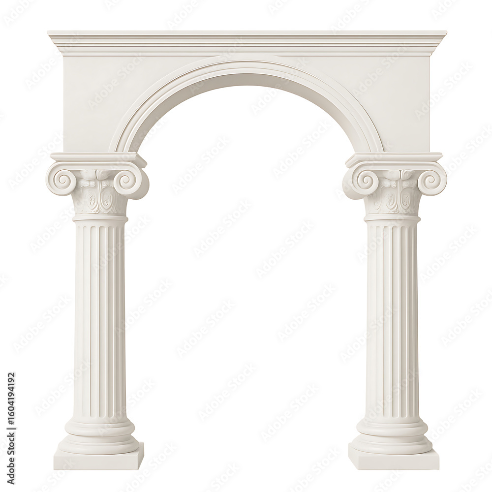 Fototapeta premium Elegant greek roman arch supported by two ionic white fluted columns classic architectural structure 3d render isolated on transparent background